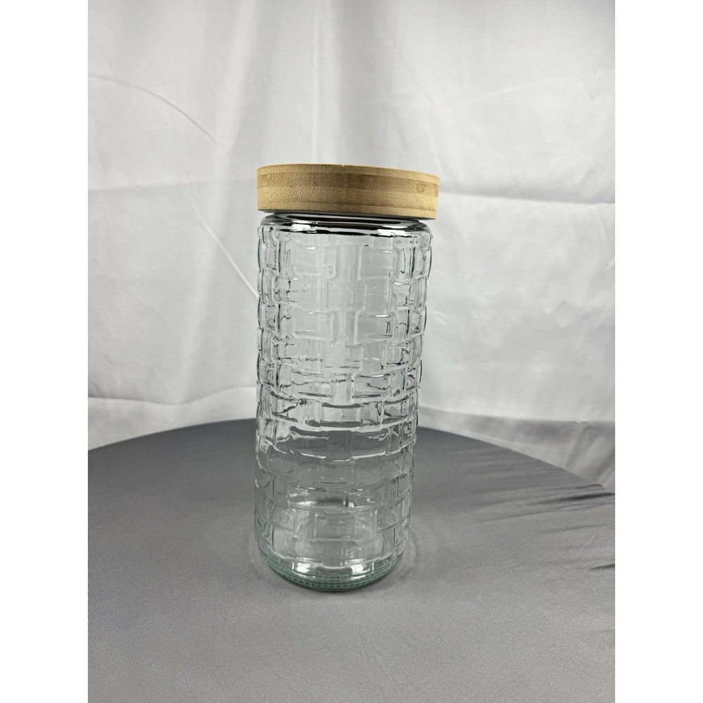Glass Storage Canister Wood Lid‎ Tall Weaved Basket Pattern